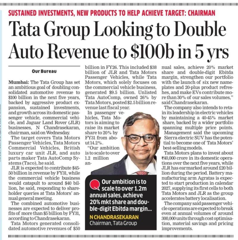 TATA Group Looking to Double Auto Revenue to $100b in 5 yrs